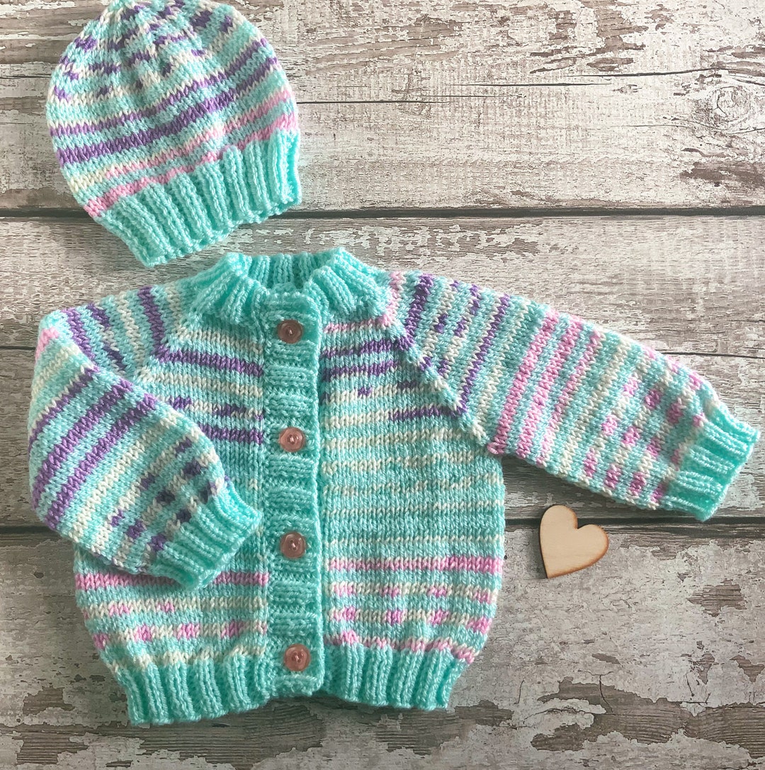 Hand Knit Baby Cardigan & Hat Set. Girls Green Sweater Set. Etsy