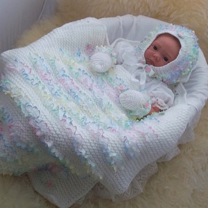 Baby Girls Knitting Pattern, pdf download for Chunky Baby Blanket, Eyelet Lace Baby Girls Hat & Mittens Set by Precious Newborn Knits