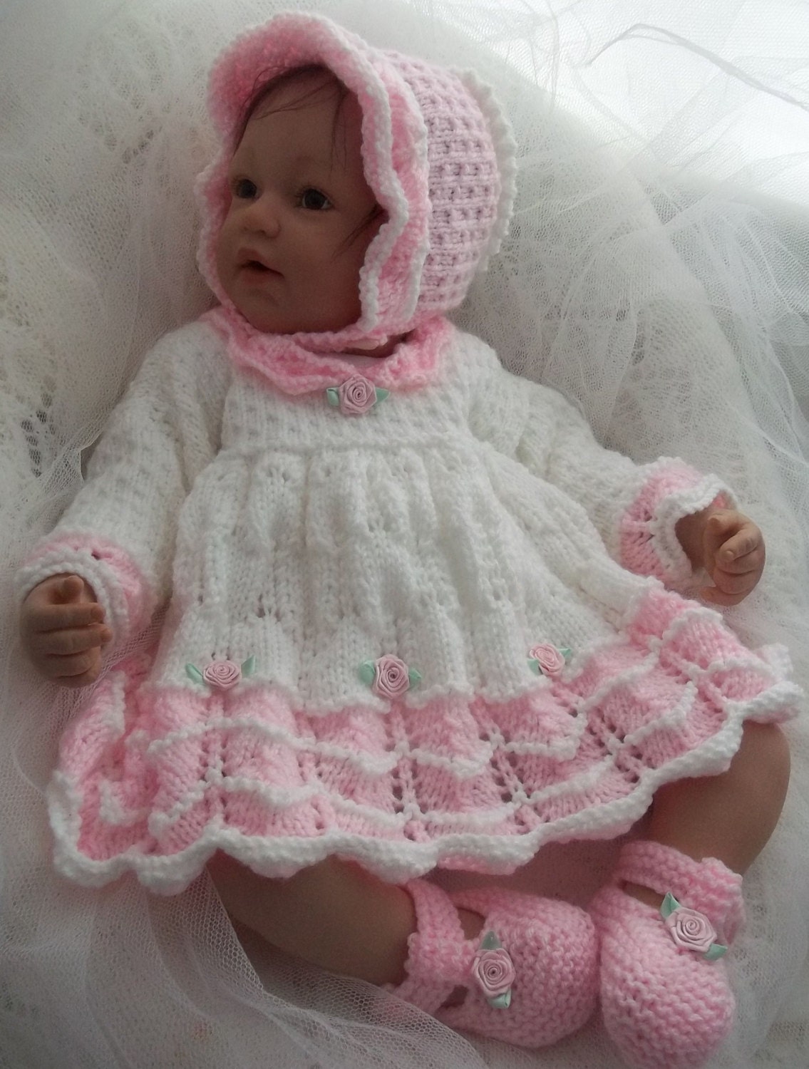 Reborn doll dress bonnet & bootees set knitting pattern in DK Baby sizes. 22" 