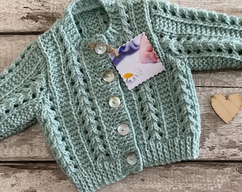 Hand Knit Baby Cardigan in size 0-3 Months. Boys Girls Sage Green Knitted Sweater. Gender Neutral Baby Shower Gift.  Newborn Baby Knitwear