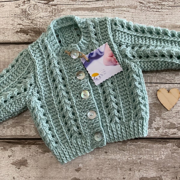 Hand Knit Baby Cardigan in size 0-3 Months. Boys Girls Sage Green Knitted Sweater. Gender Neutral Baby Shower Gift.  Newborn Baby Knitwear