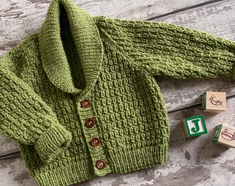 Boys Green Knitted Cardigan. Hand Knit Baby Sweater 6-12 Months. Handmade Boys Gift Idea. Boys Clothing. Knitwear by Precious Newborn Knits