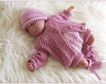 Baby Girls Knitting Pattern, pdf download for newborn baby homecoming outfit, girls cardigan set for baby or reborn dolls knitting pattern