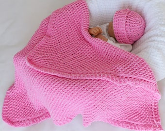 Knitting Pattern for Baby Blanket & Hat. Easy Knit Digital Download PDF by Precious Newborn Knits. Great 4 Reborn Dolls too. Quick Knit