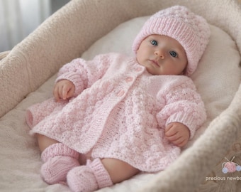 Baby Girls Matinee Set Knitting Pattern: Newborn Coming Home Outfit. (PDF Download) by Precious Newborn Knits
