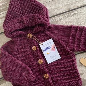 Hand Knitted Baby Cardigan with Hood, 0-6 Months. Autumn Winter Baby Knitwear. Cosy Plum Sweater. Precious Newborn Knits. Baby Gift Idea