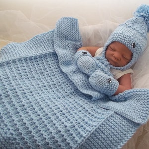 Baby Knitting Pattern for a Chunky Blanket Set.  pdf download knitting pattern for Pram Blanket, Hat & Mittens.  Precious Newborn Knits