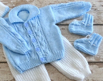 3-6 Months. Baby Boys Knitted Outfit. Hand Knit Blue Cardigan, Trousers, Hat & Booties Set. Newborn Homecoming Gift. Gift for New Baby