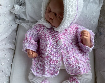 Hand Knit Baby Set. Girls cardigan, bonnet & booties. Tiny Baby Knitwear, Newborn Baby Gift. Premature Baby Outfit 5lbs (2.2kg) Reborn Dolls