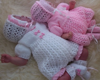 Romper Knitting Pattern for Babies. Digital Download PDF Pattern. Baby Girls Romper, Hat & Booties great 4 Reborn Dolls too.