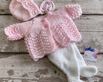 Hand Knit Baby Set. Pink cardigan, bonnet & leggings. Tiny Baby Knitwear, Newborn Baby Gift. Premature Baby Outfit 5lbs (2.2kg) Reborn Dolls