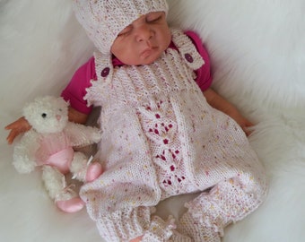 Baby Girls Knitting Pattern. pdf download for newborn baby romper outfit.  Baby Girls or Reborn Dolls Romper, Hat & Booties Knitting Pattern