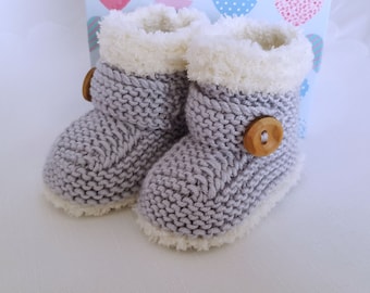 Knitted Baby Booties - Baby Boys Booties - Handmade Snug Bootees - 0-3 Months, 3-6 Months, 6-9 Months, Silver Grey - Handmade Baby Gift