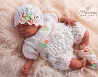Baby Girls Knitting Pattern. Pdf download for newborn baby romper set. Baby Girls or Reborn Dolls Homecoming Outfit. Precious Newborn Knits