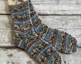 Mens Wool Socks. Handmade Striped Knitted Socks. Casual Hand Knit Socks. Cosy Birthday or Christmas Gift for Dad/Husband. UK Shoe Size 9-11