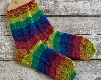 Hand knit Wool Socks. Striped Rainbow Socks. Adults Rainbow Socks. Cosy Slipper/House Socks. Gender Neutral knitted gift. UK Shoe Size 5-7