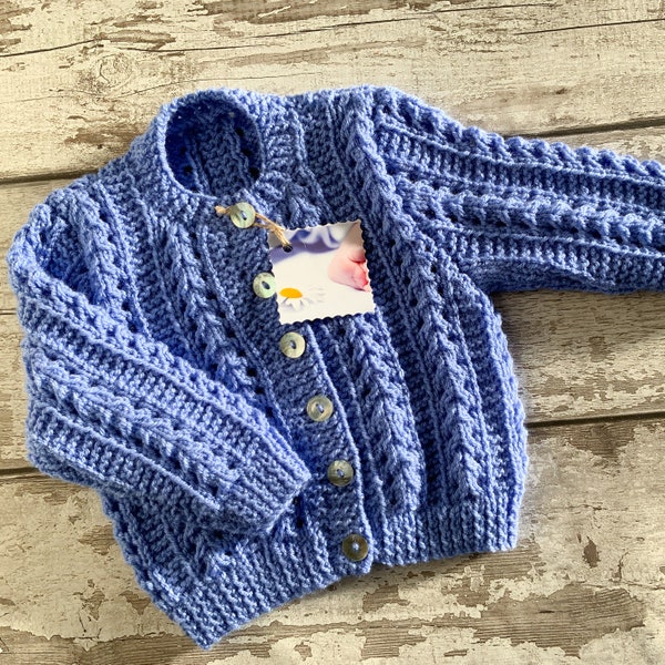 Pretty Hand Knitted Cardigan for Baby Girl. 9-12 Months Hand Knit Baby Sweater. Handmade Knitted Baby Gift for Granddaughter or Niece.