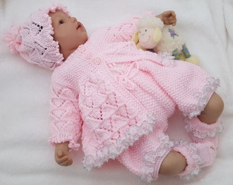 Knitting Pattern for Baby Cardigan, Hat, Trousers & Booties Lace Design Digital Download PDF Great 4 Reborn Dolls too Precious Newborn Knits