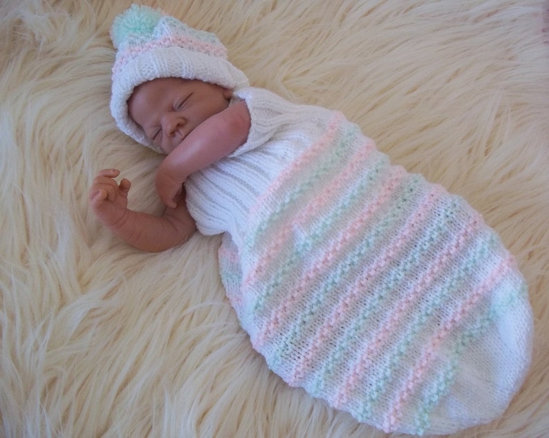 Knitting Pattern for a Baby Cocoon, Sleep Sack, Blanket with Hat. Digital Download PDF Knitting Pattern. Ideal for Reborn Baby Dolls too image 7