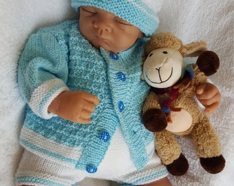 Knitting Pattern for Baby Cardigan, Hat, Trousers & Booties. Digital Download PDF Pattern. Sweater Set Pattern Ideal 4 Reborn Dolls too.