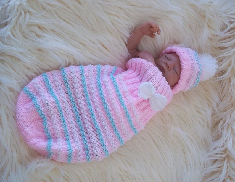 Knitting Pattern for a Baby Cocoon, Sleep Sack, Blanket with Hat. Digital Download PDF Knitting Pattern. Ideal for Reborn Baby Dolls too image 4