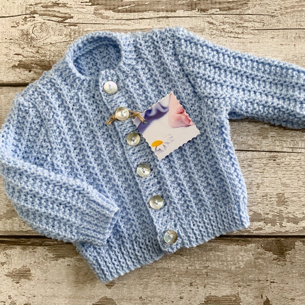 Blue Baby Cardigan. 3-6 Months Boys Blue Knitted Sweater Jumper. Hand Knit Newborn Baby Shower Gift. Handmade Baby Knitwear