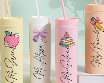 Personalized Teacher Gifts, Teacher Water Cup, Teacher Thank You Gift, Bright Straw Water Cup, Appreciation Gifts, Skinny Tumbler With Straw