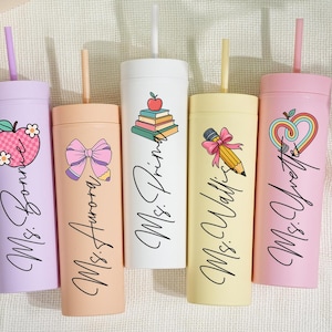 Personalized Teacher Tumbler with Name – Custom 16oz Skinny Tumbler with Straw – Teacher Appreciation Gift – Back to School Teacher Gift