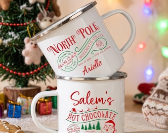 Personalized Christmas Mug, Custom Family Hot Cocoa Cup, Holiday Enamel Mug, Name Gift