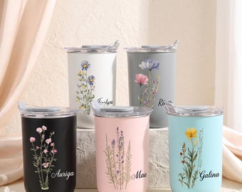 Gepersonaliseerde drinkbeker als huwelijksbedankje, met bloemenmotief en eigen naam, 280 ml roestvrijstalen cadeau voor de gasten van een vrijgezellenfeest