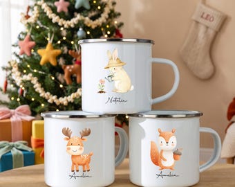 Personalized Kids Woodland Animal Mug, Custom Name Camp Cup, Bunny Deer Fox Christmas Mug, Gift for Boy Girl, Stocking Stuffer