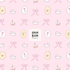 May include: A light pink repeating pattern featuring white bunnies, pink bows, yellow ovals with pink hearts, cakes with candles, and scalloped frames with flowers. A central white scalloped square displays the black text HAN BUN SUPPLY.