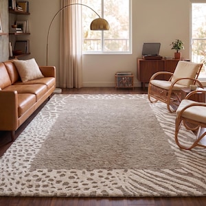 Hand Tufted Safari Animal Print Rug, Zebra & Cheetah Border Area Rug, Neutral Brown Beige Wool Carpet, Modern Wildlife Living Room Rug