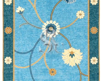 Alfombra de lana anudada a mano, alfombra floral tradicional, decoración para el hogar en azul cielo/verde azulado oscuro.