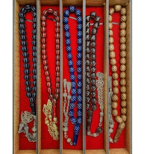 Set of 5 Handmade Carved Amber Prayer Beads – Silver Tassels, Wooden Gift Box | Tesbih
