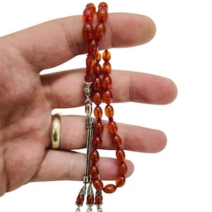 Handcrafted Pressed Amber Prayer Beads – Collectible Misbaha with Silver Tassel | Tesbih