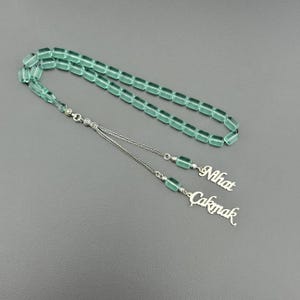 Personalized German Bakelite Prayer Beads – Capsule Cut, Turquoise Color with Custom Name Tassel