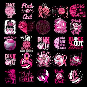 Puede incluir: Una colección de diseños rosas con temática de voleibol con texto, cintas y balones de voleibol. Se ven las frases "Pink Out", "Dig for a Cure" y "Breast Cancer Awareness". Los diseños están sobre un fondo negro.