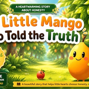 Op de afbeelding: Kinderboekcover getiteld "The Little Mango Who Told the Truth". De illustratie toont een lachend mangokarakter, een kleine rode appel en een weelderige groene bosachtergrond. Tekst bevat "A Heartwarming Story About Honesty" en "Ages 4-8."