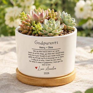 Pot de fleurs en céramique, cadeau personnalisé pour les parrains et marraines, pot de fleurs de remerciement personnalisé pour un baptême avec plateau en bois