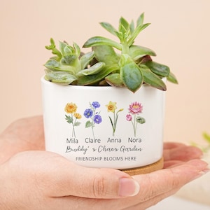 Puede incluir: Una maceta de cerámica blanca con una planta suculenta, con ilustraciones florales y el texto "Buddy's Chaos Garden". La maceta tiene una base de corcho y está sostenida en manos. También es visible el texto "Friendship Blooms Here".