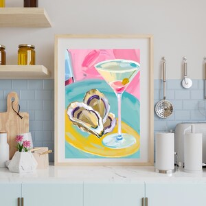 Ostryga i Martini Wall Art – Glam Coastal Kitchen Printable, plakat koktajlowy, dekoracja wózka barowego, pobieranie cyfrowe do domu na plaży lub akademika