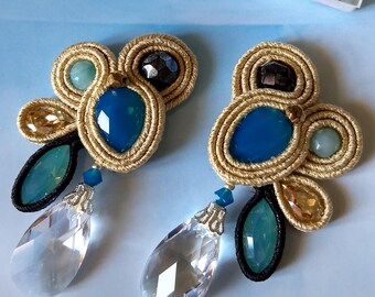 Blue Gold Soutache Earrings, Swarovski Earrings, OOAK, Hand Embroidered