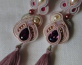 Purple Soutache Earrings, Swarovski Earrings, OOAK, Hand Embroidered