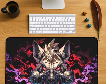 May include: Black rectangular mousepad featuring a detailed illustration of a hyena wearing a gas mask. The hyena has white and brown fur with red eyes. The background has red and purple smoke-like designs.