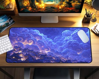 May include: A rectangular mouse pad featuring a vibrant, fantasy landscape. The design showcases a city nestled beneath swirling, purple and blue clouds, with a glowing, golden light emanating from the buildings. A white mouse and keyboard are visible.