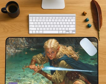 Elven Warrior Desk Mat – Fantasy Sword Mouse Pad, Gamer Gift
