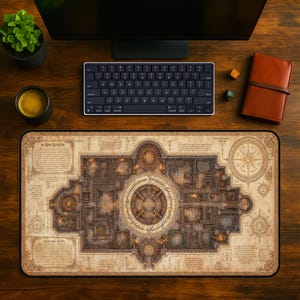 May include: A rectangular desk mat featuring a detailed, vintage-style map of a fantasy dungeon layout. The design includes intricate architectural floor plans, a central circular ring with elvish-style script, and decorative compass roses.