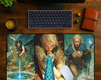 May include: A rectangular mousepad featuring fantasy art of three elven figures. The artwork depicts a woman with a sword, a woman with a staff, and a woman near a fountain. The mousepad is on a wooden desk with a keyboard, mouse, and other items.