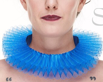 Blue fantasy ruffle neck elizabethan collar with delicate soft horsehair style back closure on satin neck band